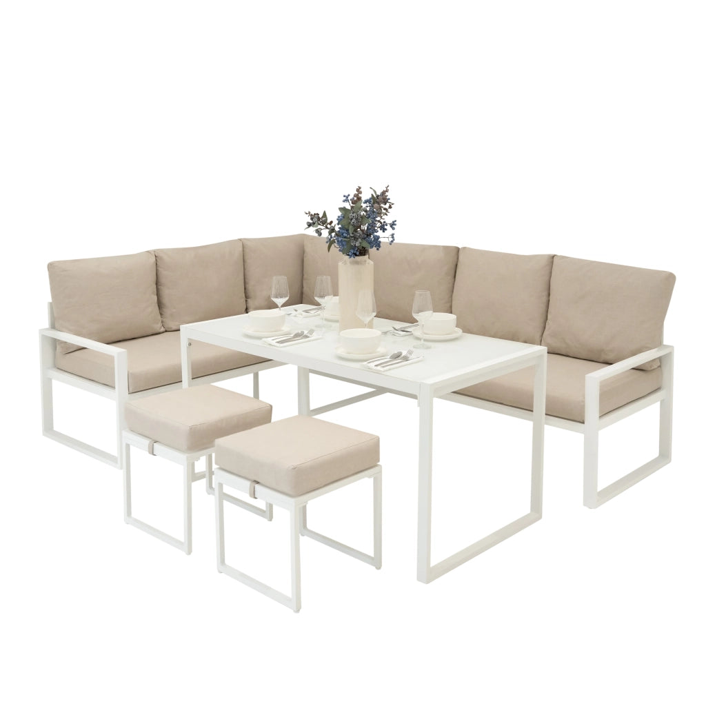 Set Mobili da Esterno in Alluminio Divano Angolare Tavolino Sgabelli Bianco