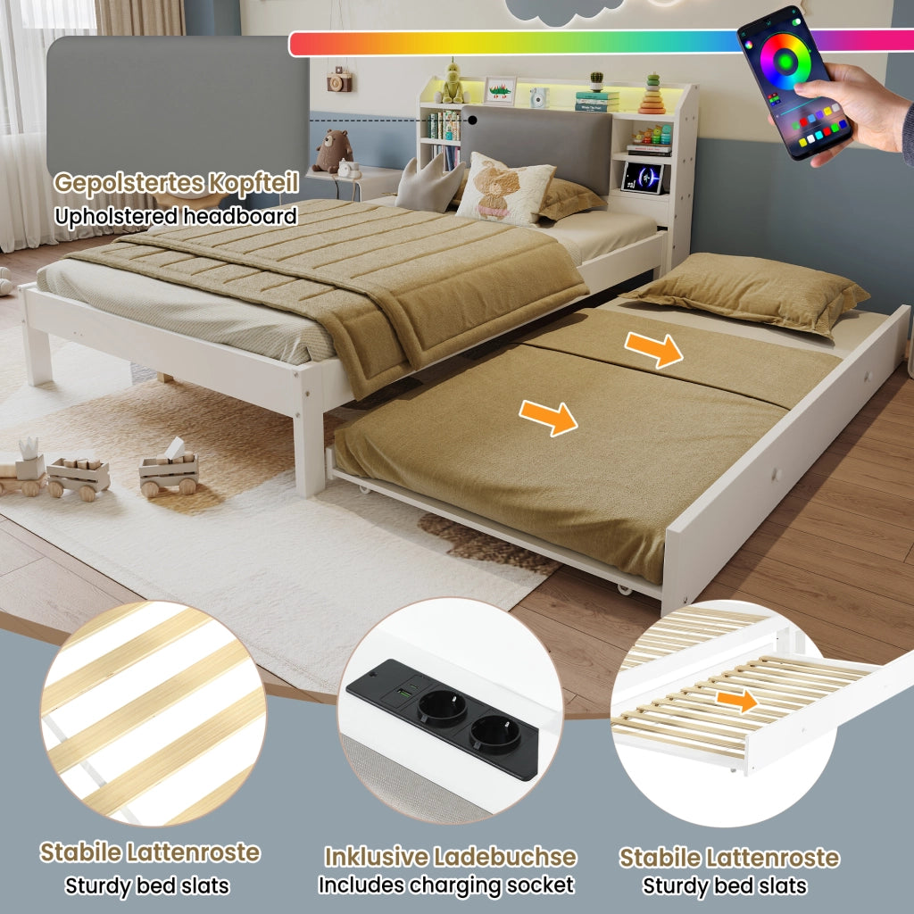 DESMIU Lit simple 120 × 200 cm con letto estraibile 90 × 190 cm, LED, ripiano e ricarica, senza materasso, bianco