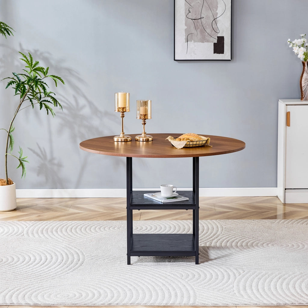 Tavolo da pranzo rotondo con diametro di 107 cm e doppio ripiano effetto noce, piano in MDF + struttura in metallo, adatto per 2-4 persone, perfetto p