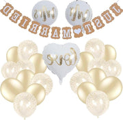 Decorazioni per matrimonio - Palloncini e banner helium per sposi - Coppia sposata - Tema bianco e oro