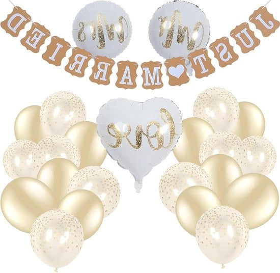 Decorazioni per matrimonio - Palloncini e banner helium per sposi - Coppia sposata - Tema bianco e oro