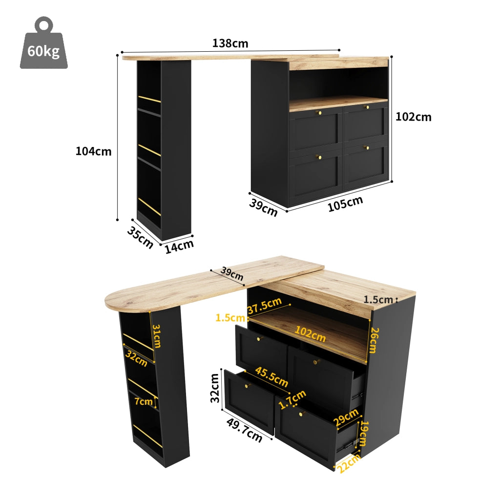 Mobile modulare L a 360° con 4 cassetti e ripiani aperti, in MDF, colore nero