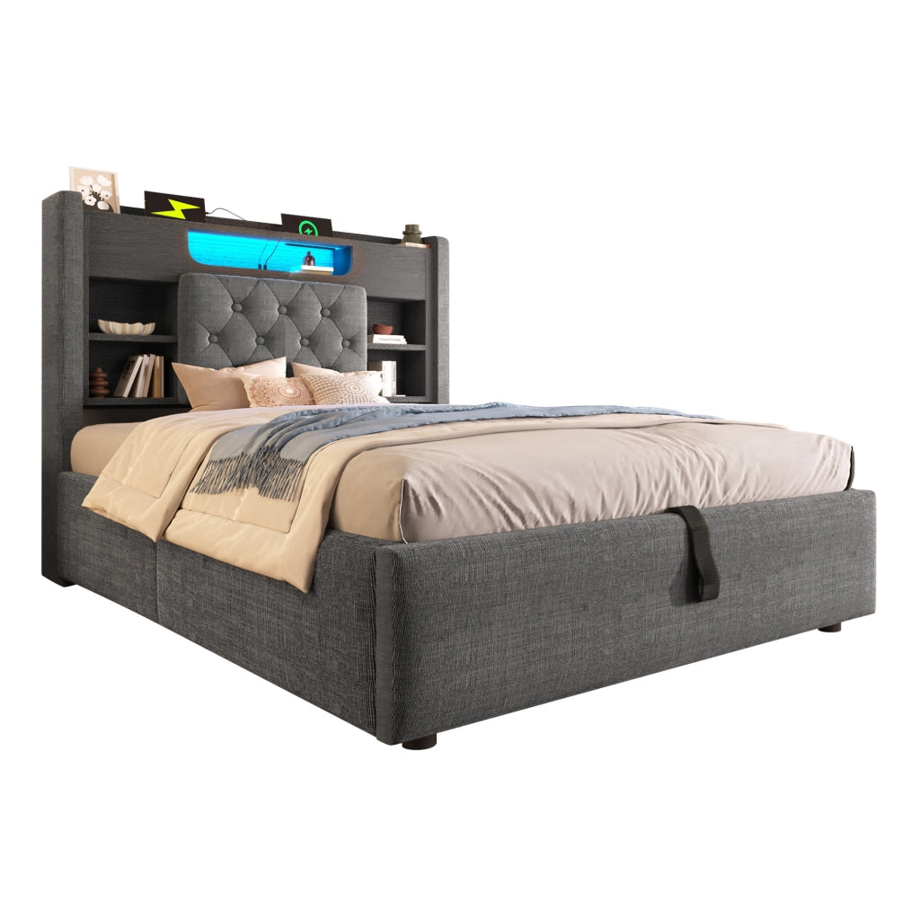 Letto contenitore 90x200 cm con LED, USB e testiera con ripiani