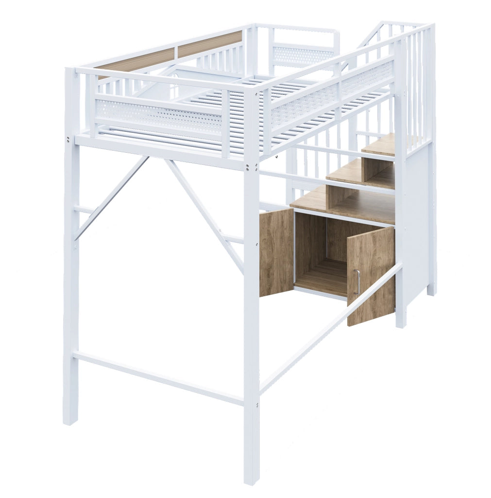 Letto a soppalco 90x200 cm in metallo con scala contenitore e armadietto