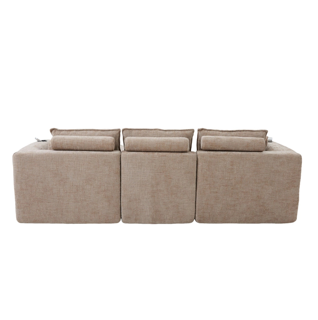 Divano modulare 3 posti con pouf; cuscini e tasche laterali; in ciniglia kaki; 256x161x75 cm