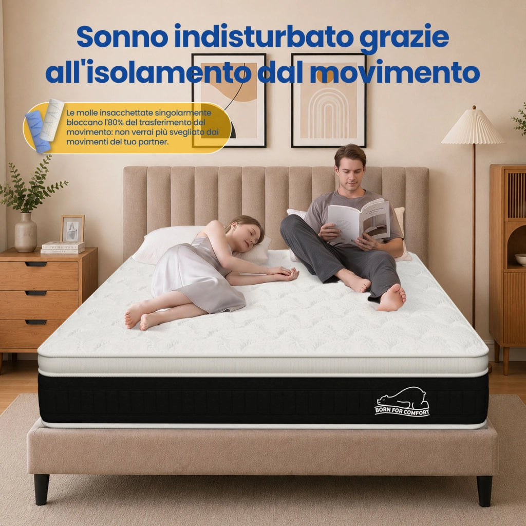 Materasso ibrido a molle insacchettate a 7 zone, spessore 25 cm, rigidit¨¤ media (H3), in memory foam, con bordi rinforzati e certificazione OEKO-TEX