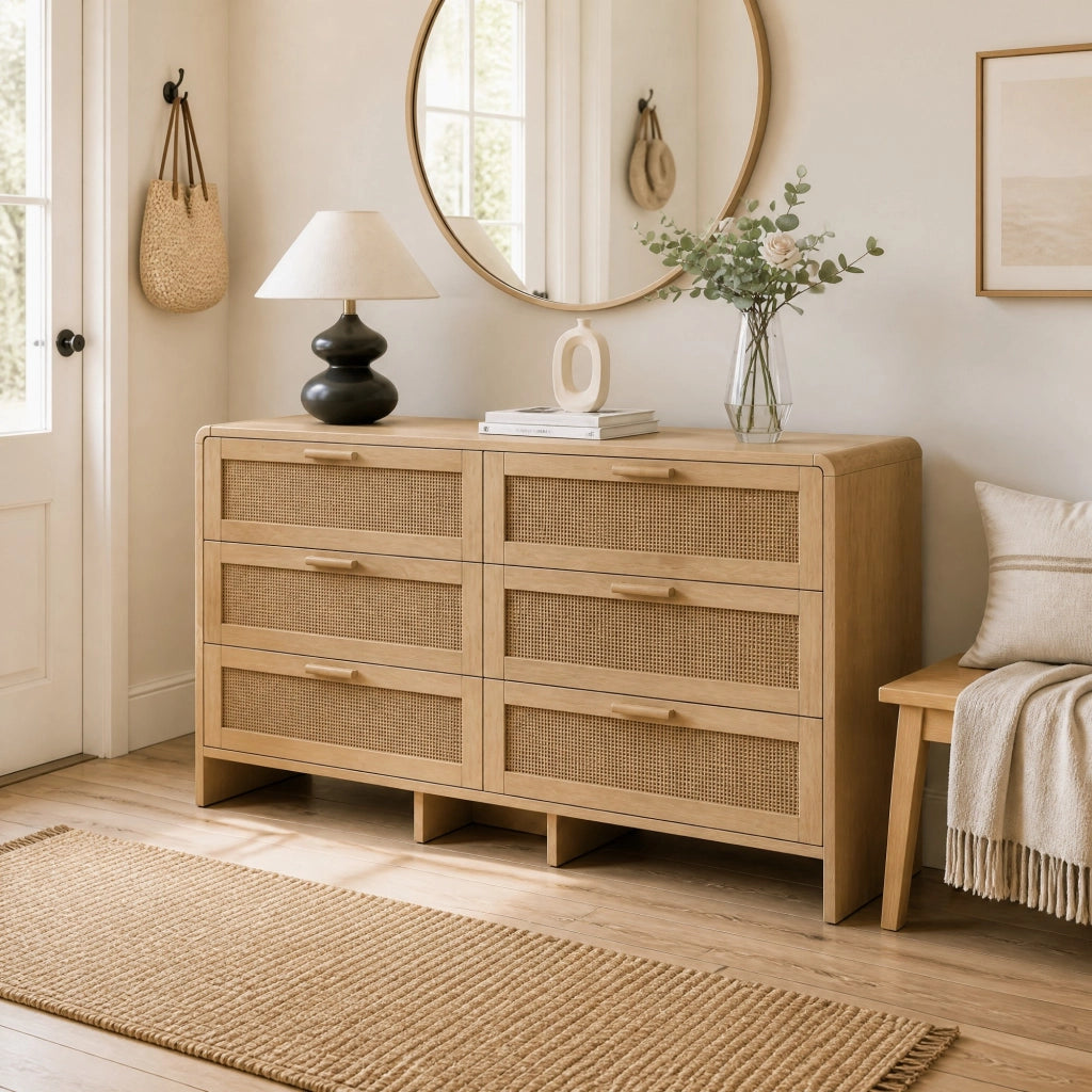 CASSETTIERA 130 cm in rattan naturale con 6 cassetti e angoli arrotondati