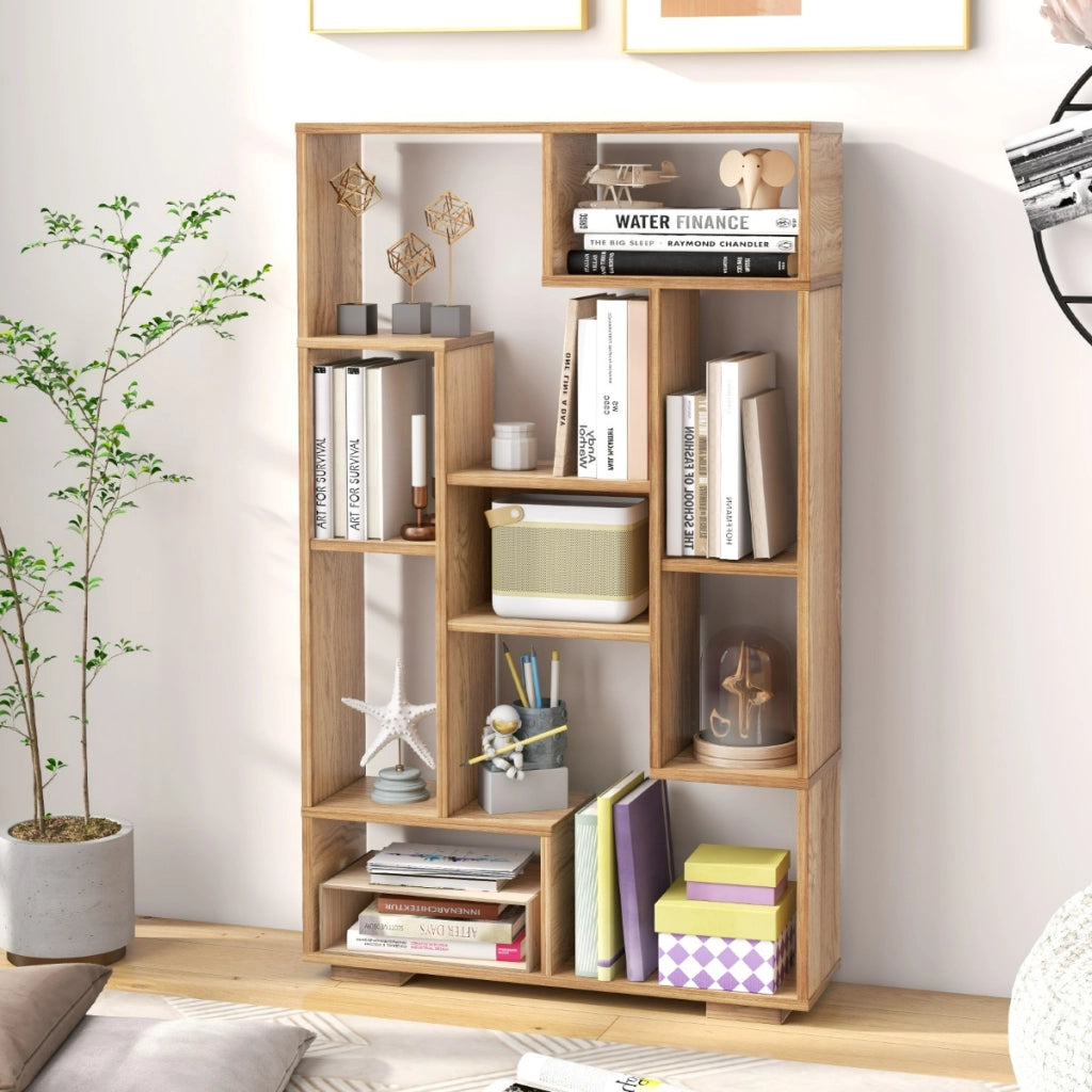 Scaffale per libri alto 120cm con ripiani aperti-Libreria geometrica con kit anti-ribaltamento per casa ufficio Naturale