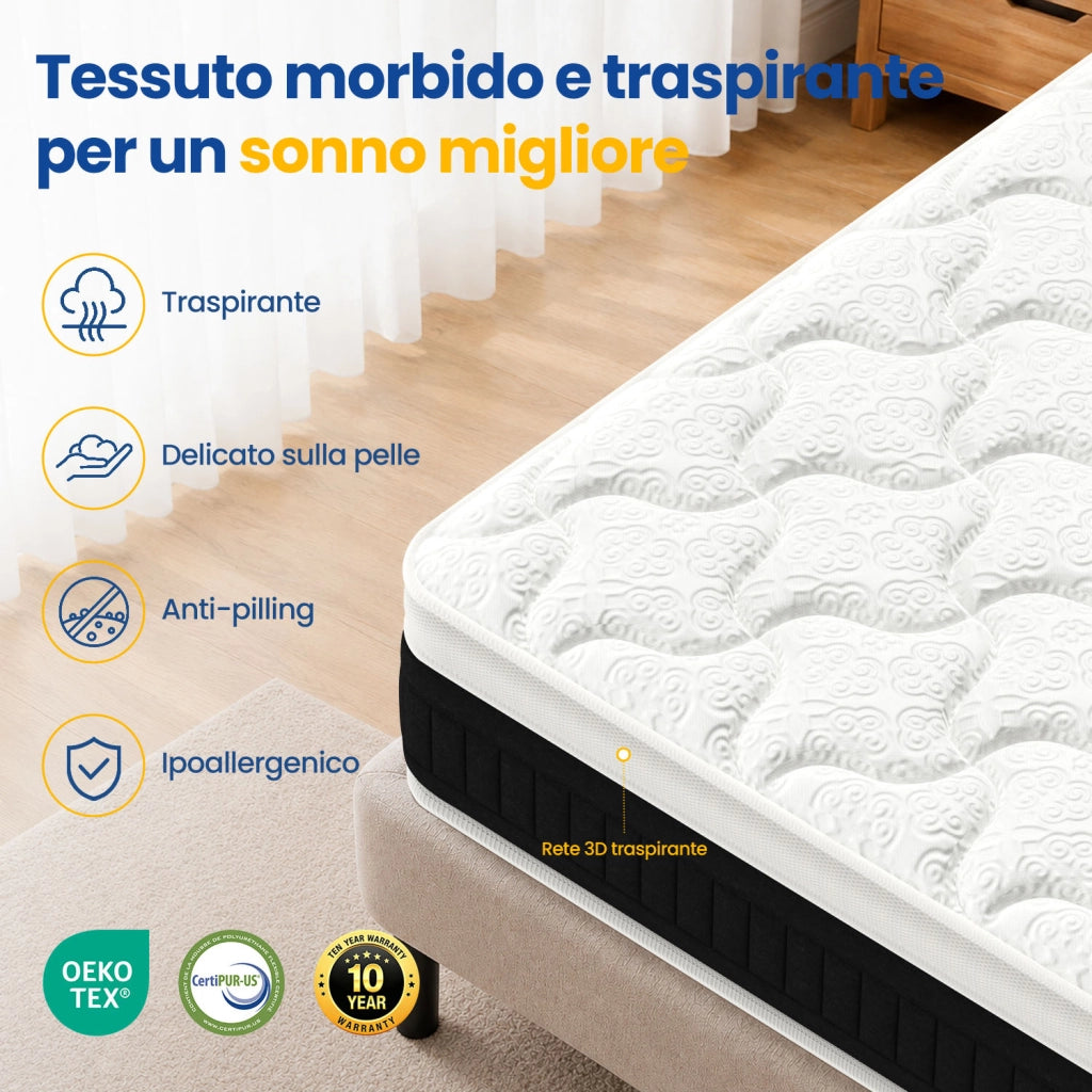 Materasso ibrido a molle insacchettate a 7 zone, spessore 25 cm, rigidit¨¤ media (H3), in memory foam, con bordi rinforzati e certificazione OEKO-TEX