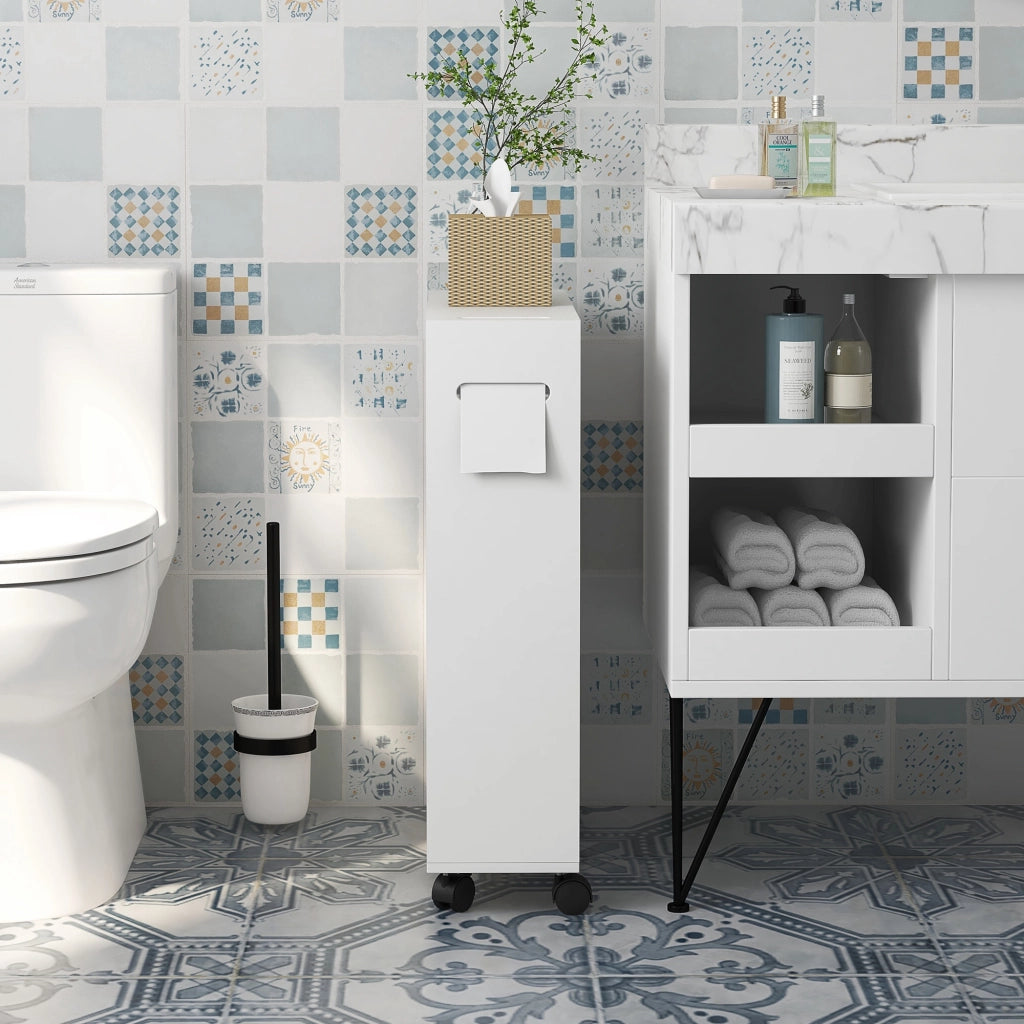 Mobiletto Bagno con Ruote e Ripiani Regolabili ¨C zephmum ¨C Bianco 52x17x67 cm
