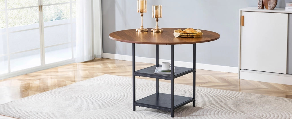Tavolo da pranzo rotondo con diametro di 107 cm e doppio ripiano effetto noce, piano in MDF + struttura in metallo, adatto per 2-4 persone, perfetto p