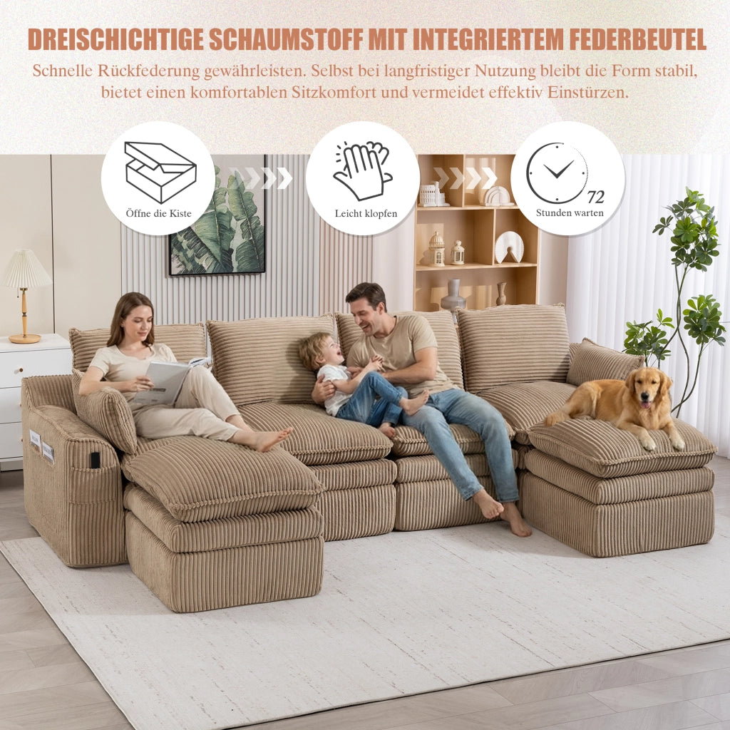 Divano modulare 4 posti - con tasche laterali e cuscini - in tessuto a coste - khaki