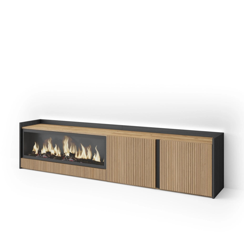 Mobile TV Soggiorno, 212x50x35 cm, Per TV fino a 80", Camino elettrico XXL, Led, Rovere e nero