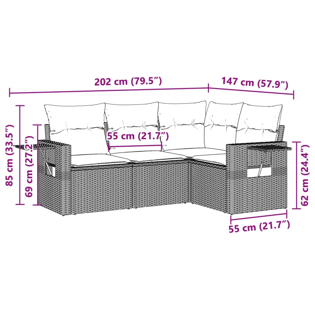 Set Divano da Giardino 4pz con Cuscini Grigio Chiaro Polyrattan