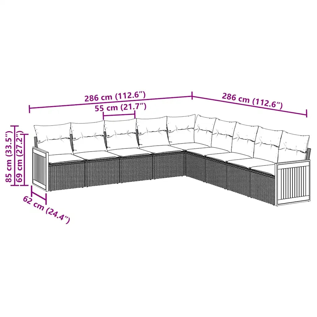 Set Divani da Giardino 9 pz con Cuscini Nero in Polyrattan 3260138