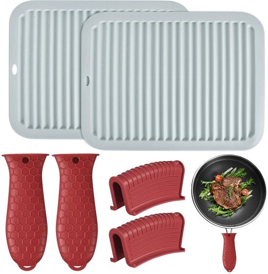Set da cucina 6 pezzi - 2 Supporto manubrio antislittamento - 2 Asciugamani per padelle - 2 Manubri di aiuto - Silicone - Resistente alla lavastoviglie - Accessori da cucina