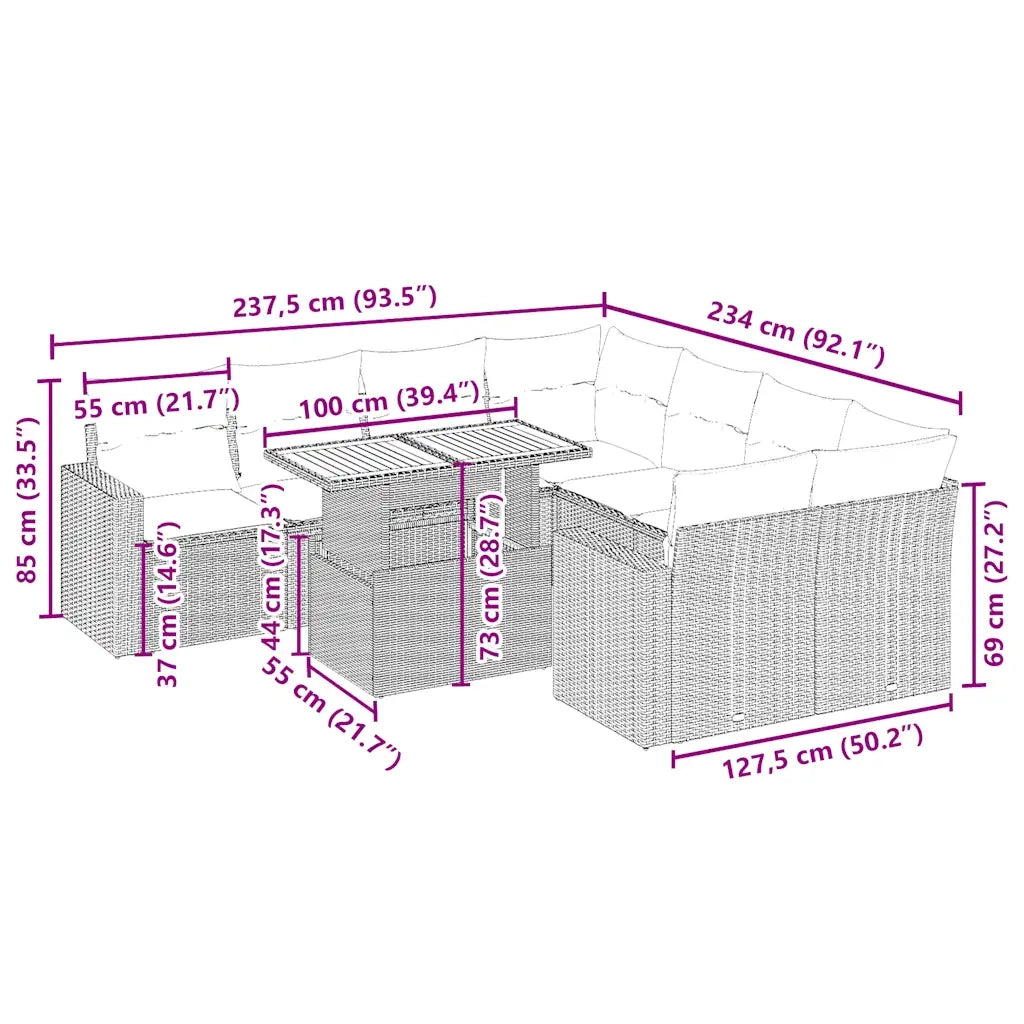 Set Divano da Giardino 9 pz con Cuscini Beige in Polyrattan
