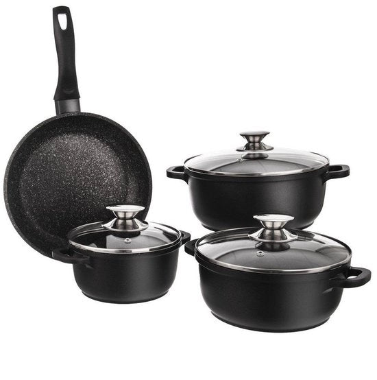 Set di coppiere in granito Grande - Serie - 7 pezzi - con coperchio in vetro