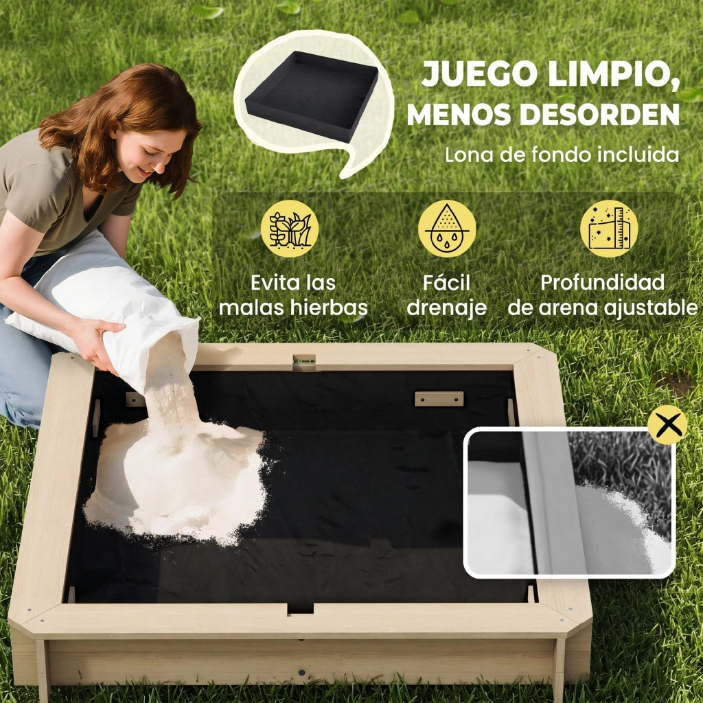 Arenero per Bambini con Tettoia Regolabile e Panche ¨C Zephmum ¨C 106x106x115 cm Legno Naturale