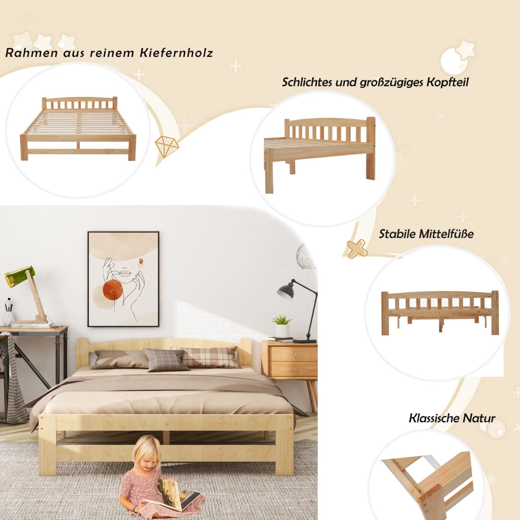Letto futon in legno massello, letto matrimoniale, letto in legno massello naturale con testiera e rete a doghe, letto per ragazzi, letto per adulti,