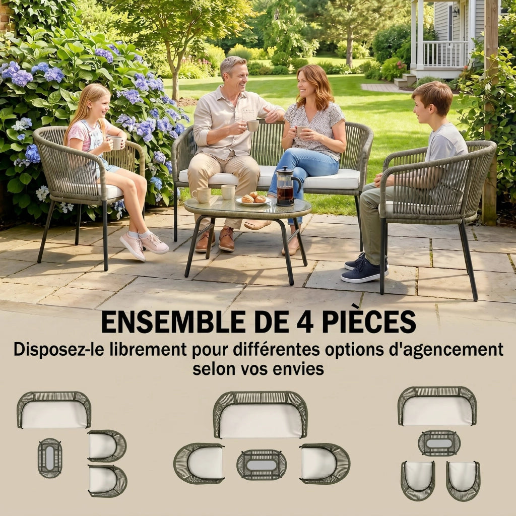 Set Divano Esterno 4 Posti con 2 Poltrone e Tavolino in Vetro Temperato ¨C Minimal ¨C Tessuto Tress¨¦ Colore Crema