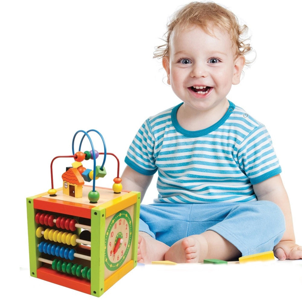 Trade Shop - Giocattolo Cubo Attivita Per Bambini In Legno Con Gioco Pallottoliere Abaco 16cm -