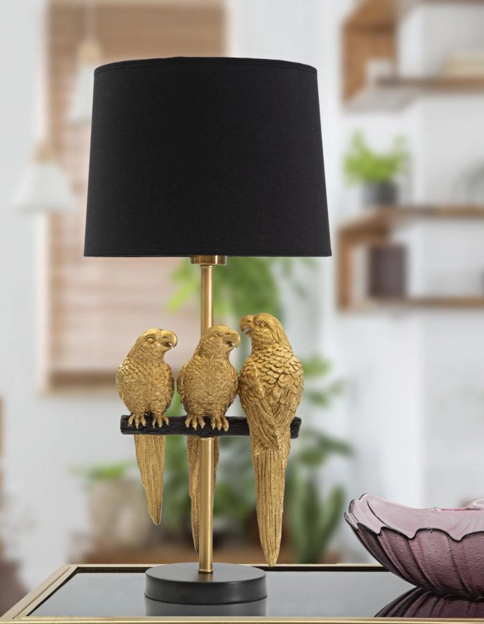 Lampada da tavolo con pappagalli dorati, paralume nero diam 30x62.5cm