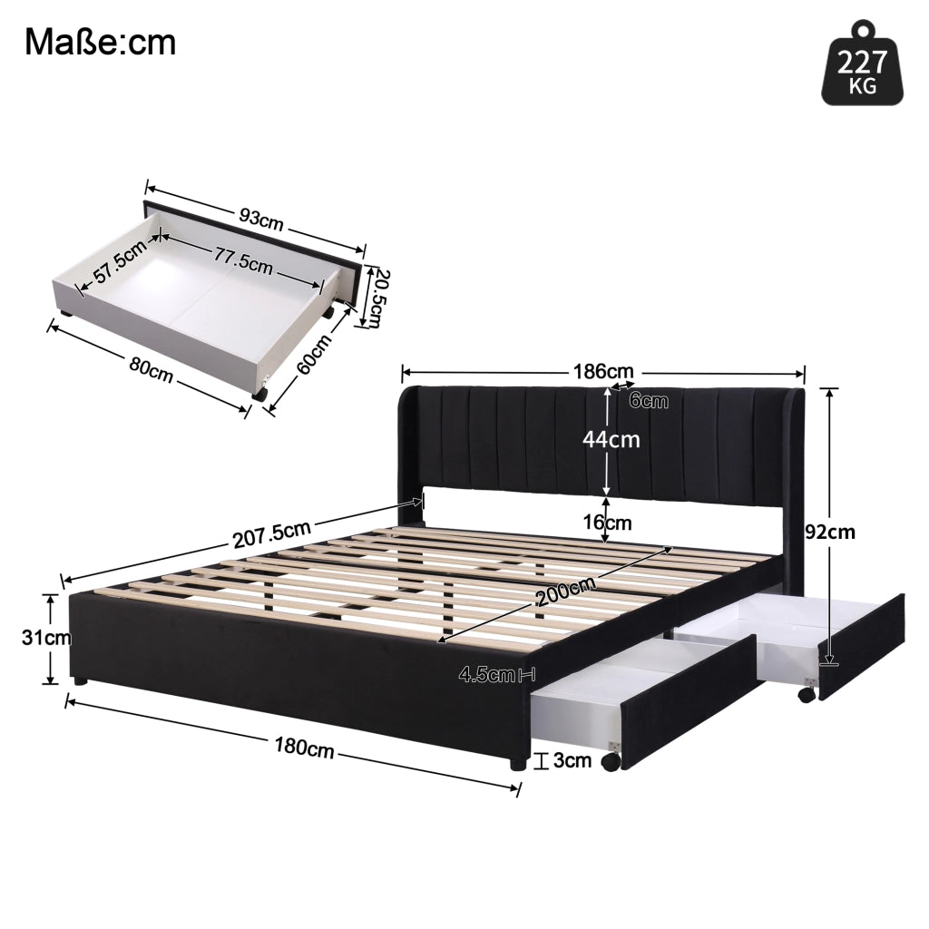 LETTO 180x200 cm in velluto nero con rete a doghe e 2 cassetti