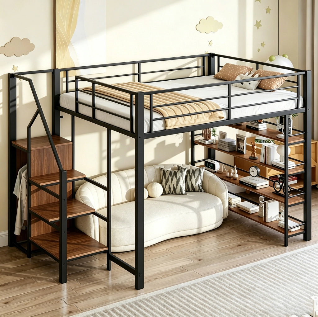 Letto a soppalco 140x200 con scala contenitore, guardaroba e ripiani