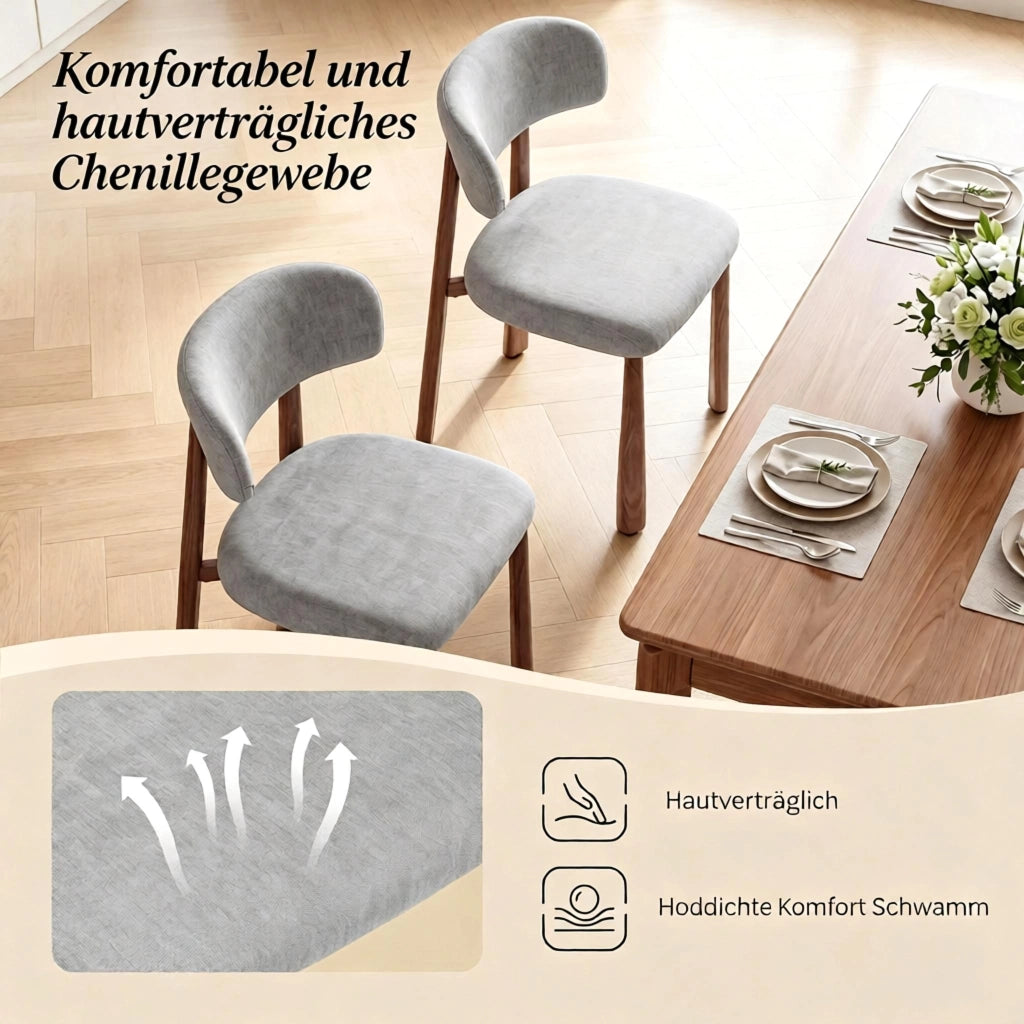 Sedia da pranzo Set da 2 con Schienale Imbottito Design Ergonomico in Ciniglia Grigio