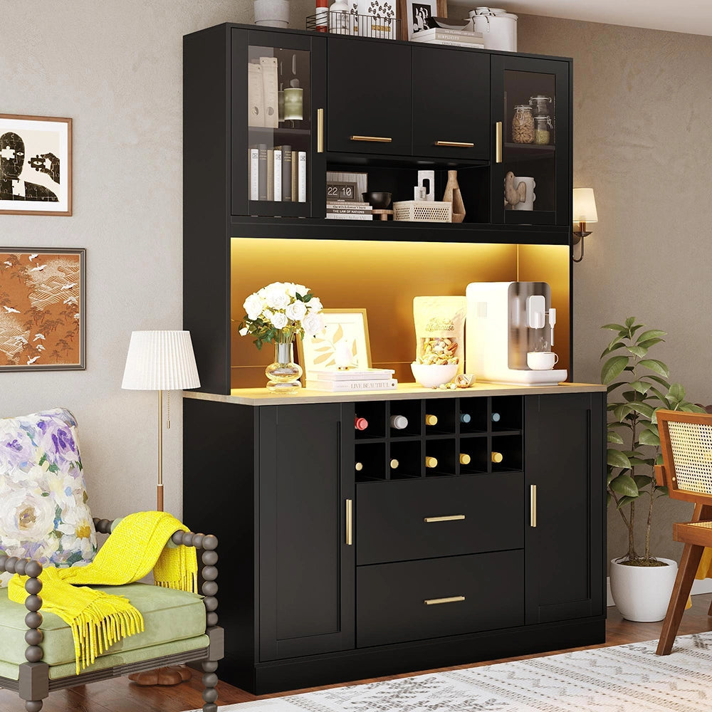 Armadio laterale per cucina - Xylo - 120x36,3x180 cm - Nero/Bianco - Illuminazione LED e presa di corrente