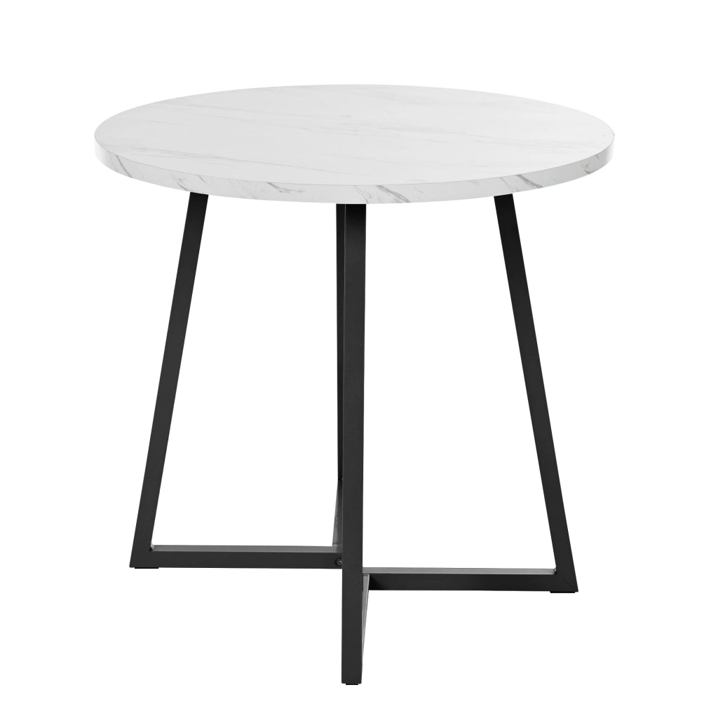 Tavolo da Pranzo Rotondo con Piedini Regolabili; Finitura Effetto Marmo; in MDF e Metallo; 80 x 80 x 75 cm; Bianco
