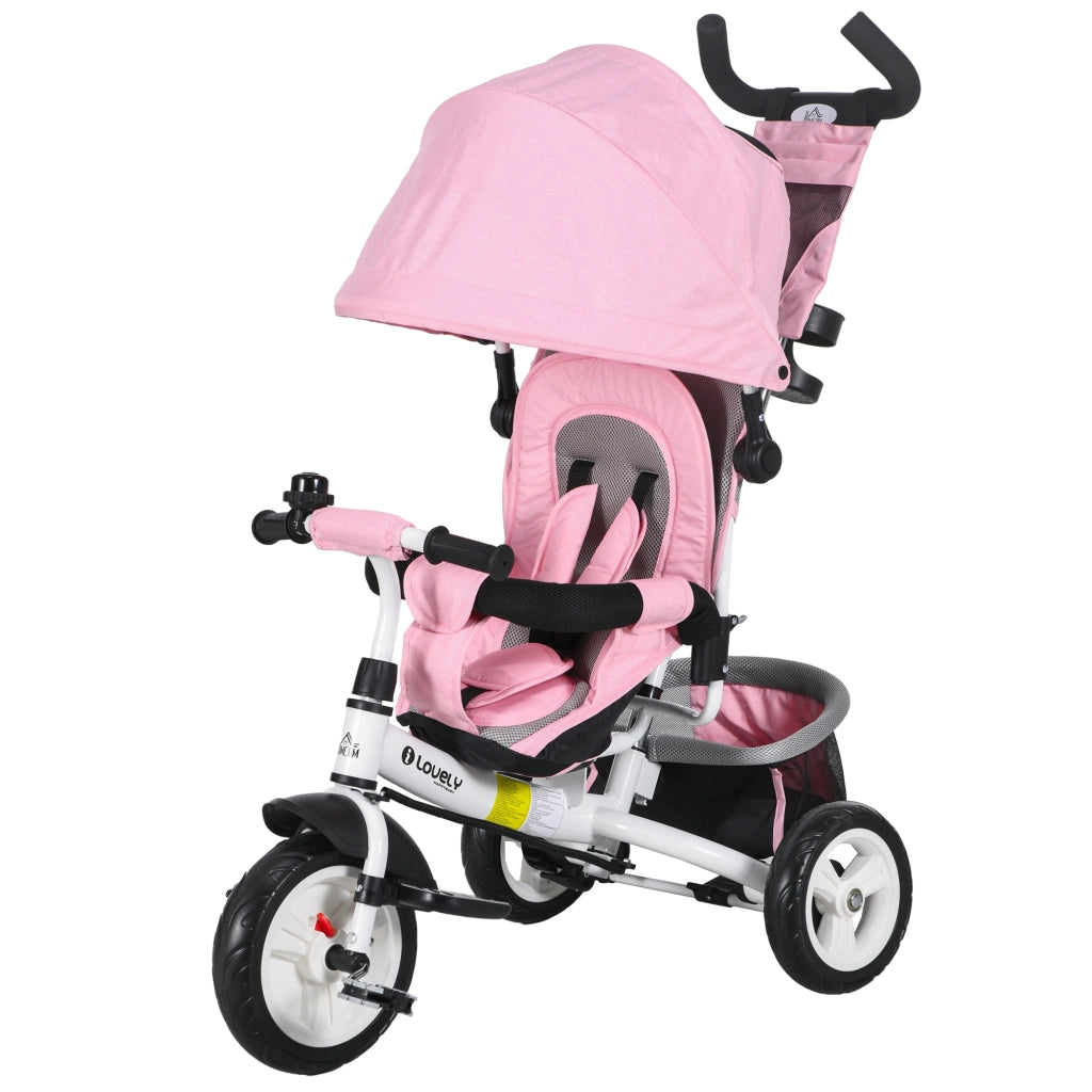 Triciclo per Bambini 1-5 Anni ¨C Xylo ¨C Bianco e Rosa con Maniglione e Tettuccio Regolabile 102x49x102 cm