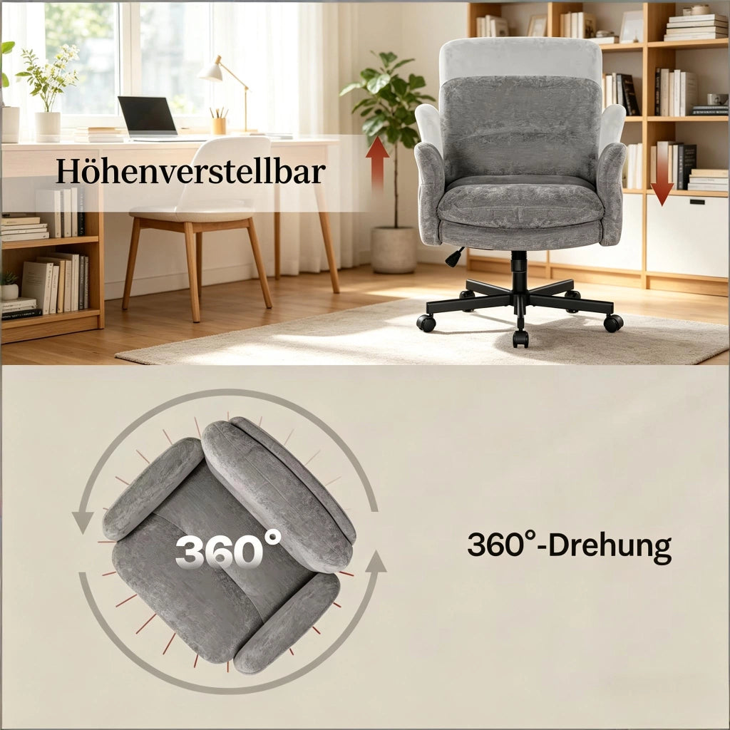 Sedia girevole a 360° in velluto con seduta imbottita, schienale ergonomico e base in metallo per soggiorno grigio