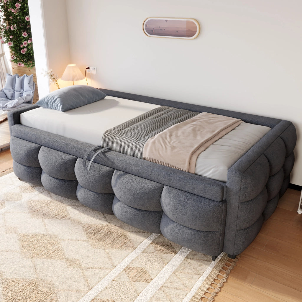 Divano letto estraibile in velluto - Zephmum- 90x190 cm, struttura in legno, grigio