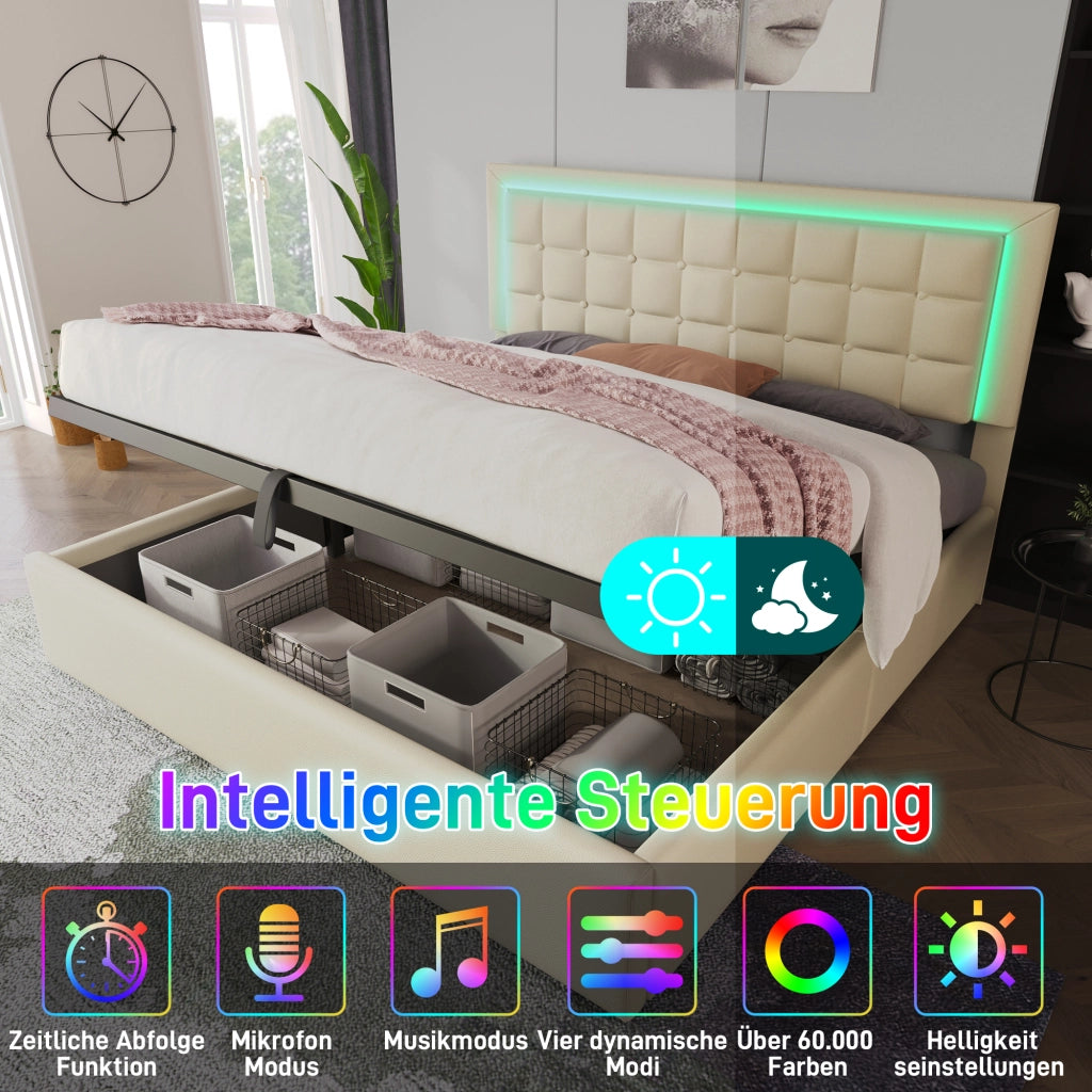 LETTO Contenitore 160x200 cm con LED, PU Bianco