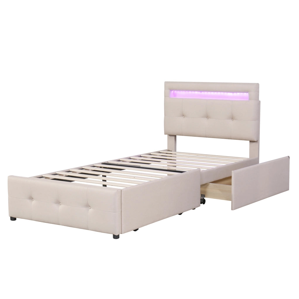 Letto imbottito matrimoniale 90x200 cm con LED e 2 cassetti; beige