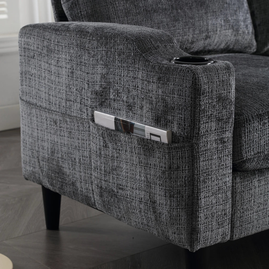 Divano 4 posti con pouf contenitore; rivestimento in chenille grigio; 196;5 cm