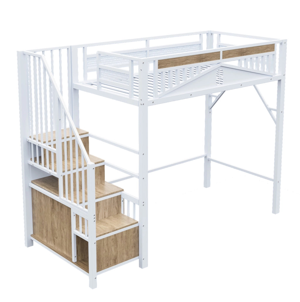 Letto a soppalco 90x200 cm in metallo con scala contenitore e armadietto