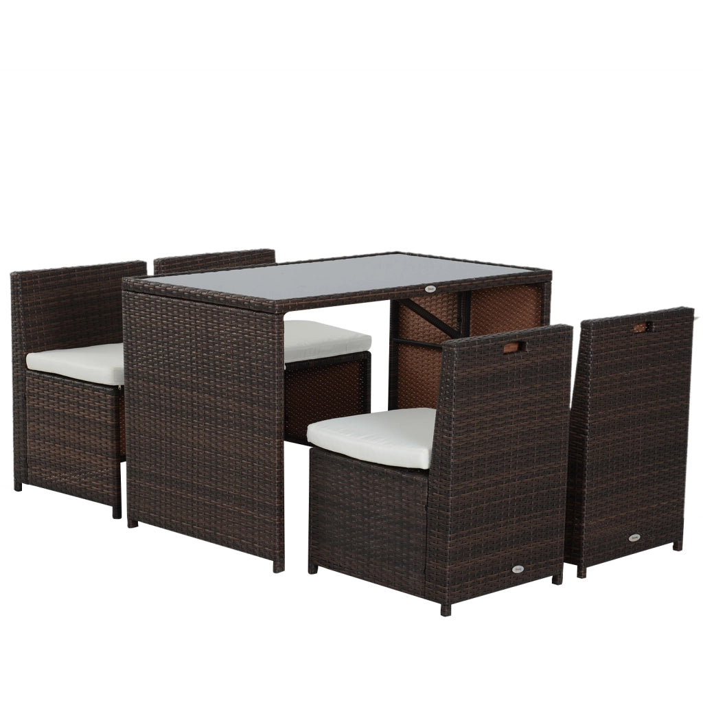 Set salotto da giardino in polyrattan 5 pezzi con tavolo; 4 sedute e cuscini; marrone