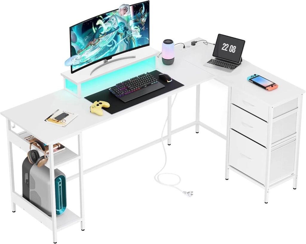 Scrivania angolare in legno con cassetti e prese USB ¨C Minimal ¨C Bianco 168x103 cm