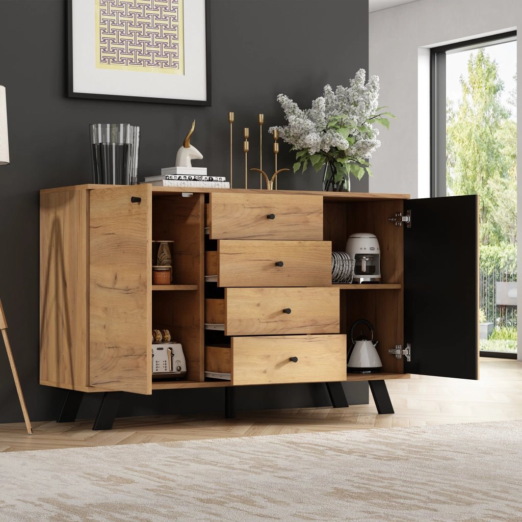 CREDENZA 120x38x75 cm MDF Nero e Legno con 4 Cassetti e 2 Ante