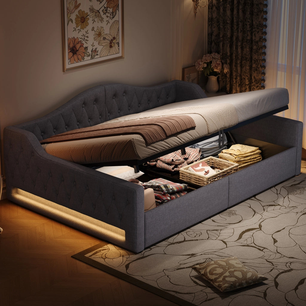 Divano letto con contenitore e LED; 140x200 cm; in MDF e lino grigio