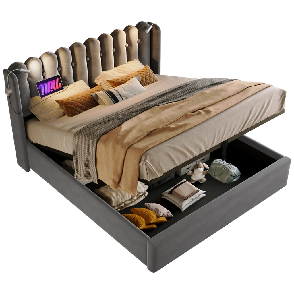 OKWISH Letto contenitore 160×200 cm, Letto Matrimoniale con USB, Lampada da Lettura e Testiera, senza Materasso, in Velluto, Grigio