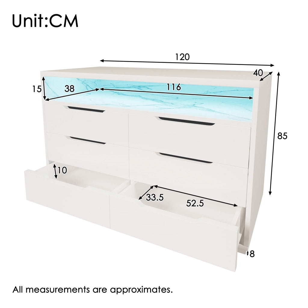 CREDENZA LED 120x40x85 cm Bianca con 6 cassetti