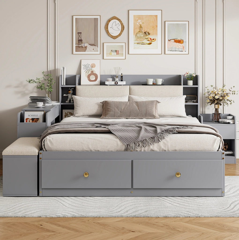Letto matrimoniale multifunzione 140x200 cm in legno massiccio; con testiera imbottita e contenitore; grigio
