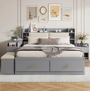 Letto matrimoniale multifunzione 140x200 cm in legno massiccio; con testiera imbottita e contenitore; grigio