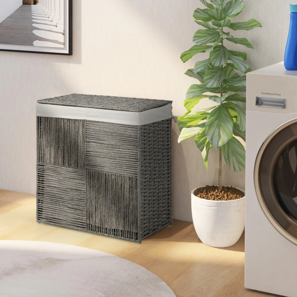Cesto per il bucato da 110L con coperchio-Cesto per il bucato intrecciato a mano in rattan con comode maniglie Grigio