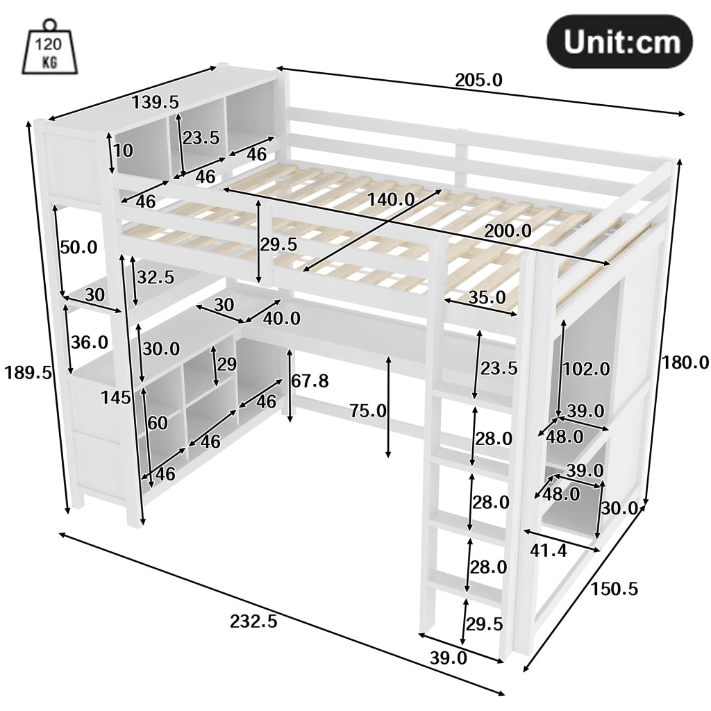 LETTO A SOPPALCO 140x200 cm con scrivania, scaffali e armadio, bianco