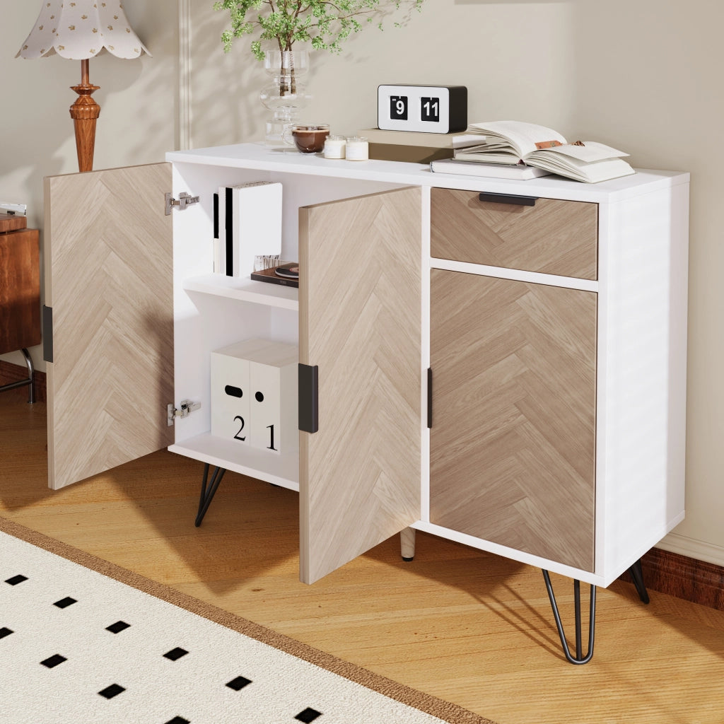 OKWISH Credenza Contenitore con 3 Ante e 1 Cassetto, Ripiani Regolabili, per Soggiorno Ingresso Camera, MDF, Bianco e Legno, 90 x 30 x 71,5 cm